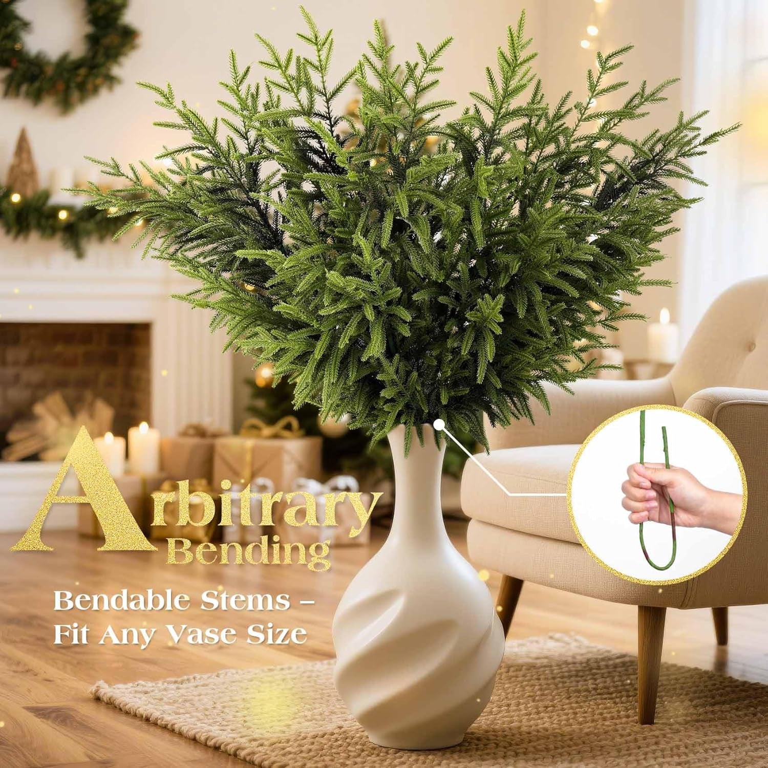 6 Pcs Christmas Norfolk Pine Branches - 36" Artificial Norfolk Branch Faux Stem Greenery Pine Picks for Vase DIY Crafts Garland Wreath Xmas Indoor Outdoor Home Decor