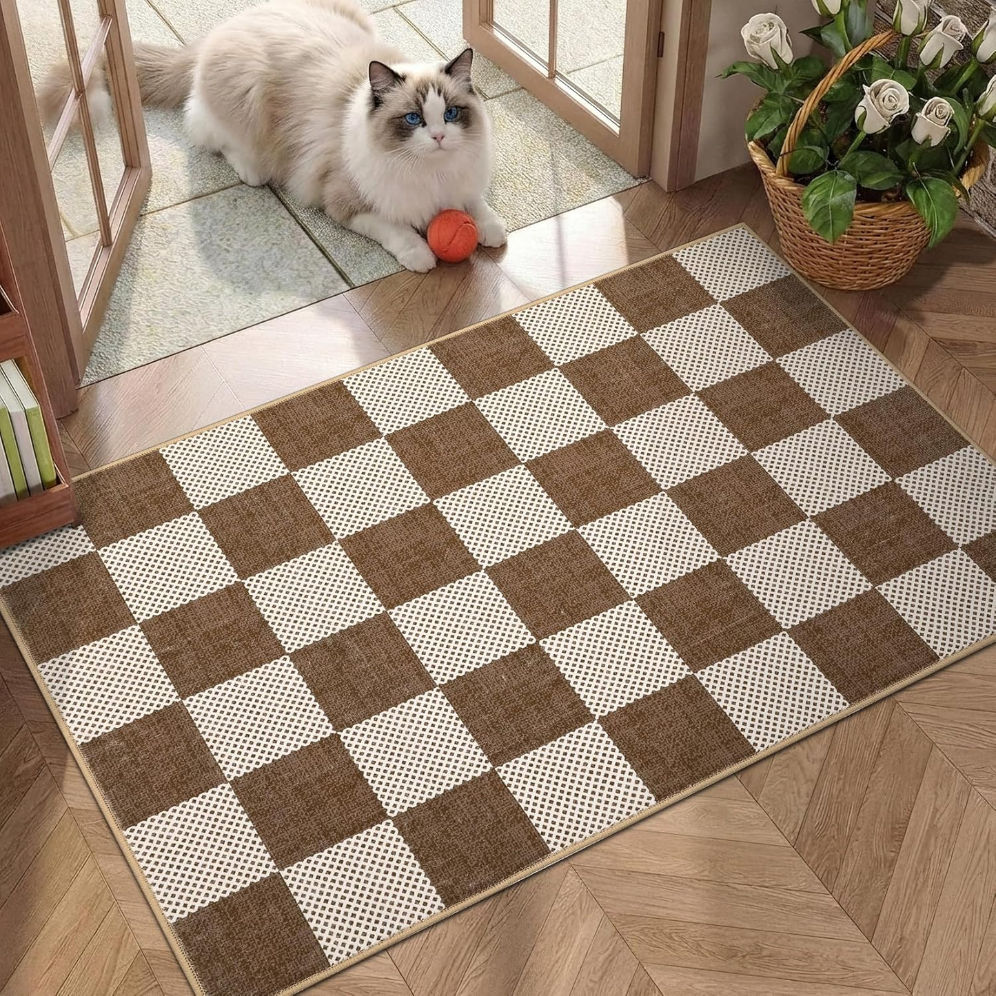 Checkered Terracotta Brown 2X3 Washbale Rug Door Mat Geometric Diamond Dot Modern Neutral Boho Soft Low-Pile Small Rug for Bedroom Entryway Bathroom Kitchen Non-Slip TPE Backing - Glittered Door