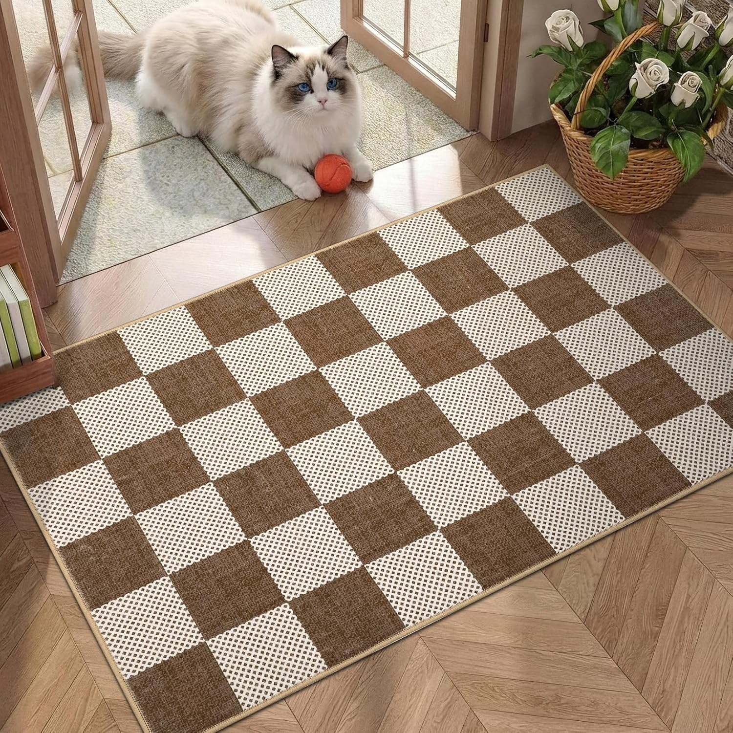 Checkered Terracotta Brown 2X3 Washbale Rug Door Mat Geometric Diamond Dot Modern Neutral Boho Soft Low-Pile Small Rug for Bedroom Entryway Bathroom Kitchen Non-Slip TPE Backing - Glittered Door