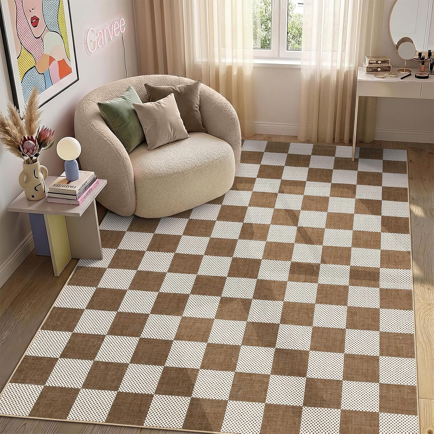 Checkered Terracotta Brown Rug - 2X3 Washable Geometric Diamond Dot Mat for Bedroom, Entryway, Bathroom, Kitchen with Non-Slip TPE Backing