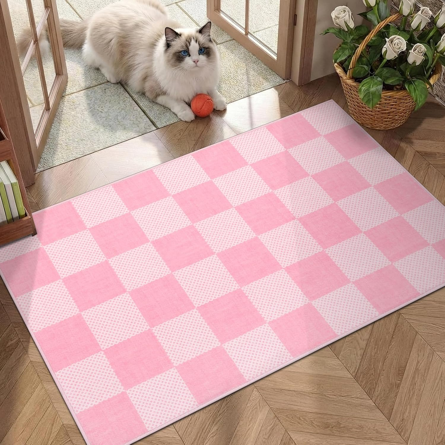 Checkered Terracotta Brown Rug - 2X3 Washable Geometric Diamond Dot Mat for Bedroom, Entryway, Bathroom, Kitchen with Non-Slip TPE Backing