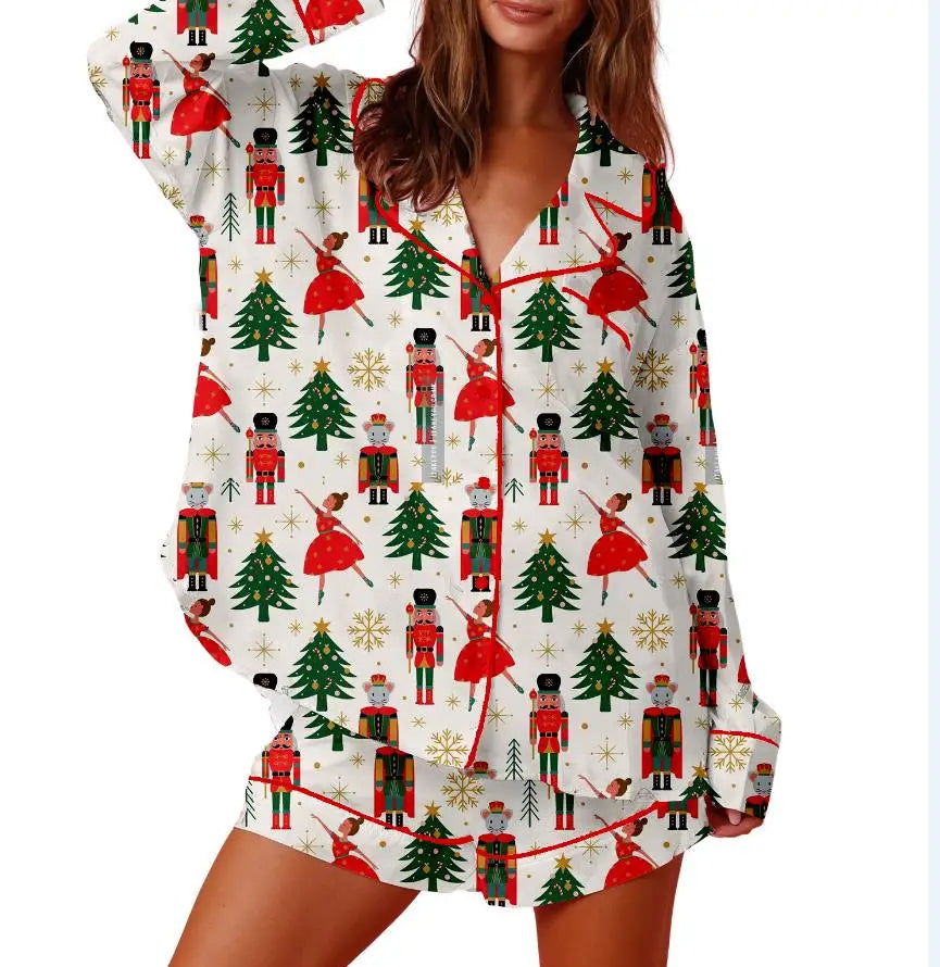 Women Christmas Pajamas Lounge Set Christmas Tree/Santa/Candy Cane Print Long Sleeve Tops and Shorts 2 Piece Loungewear Outfits