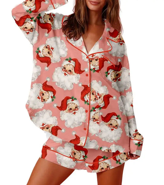 Women Christmas Pajamas Lounge Set Christmas Tree/Santa/Candy Cane Print Long Sleeve Tops and Shorts 2 Piece Loungewear Outfits