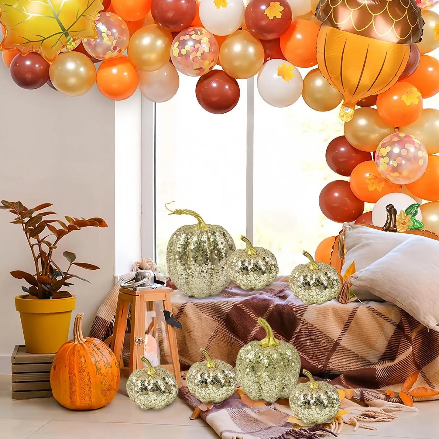 Fake Pumpkins Fall Halloween Decorations Festive 7 Pieces Ornament Glitter Statue for Party Table Shelf Holiday Hallway Bedroom