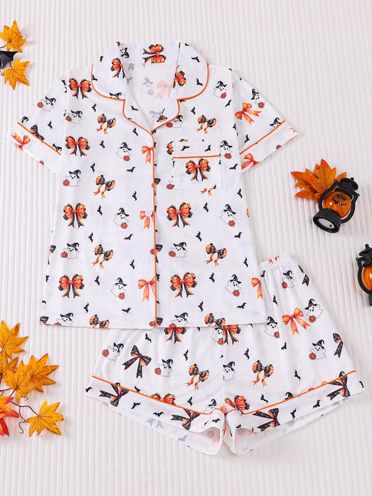 Women'S 2-Piece Cartoon Cute Little Ghost Bow Halloween Party Funny Print Women Can Wear Pajamas Party Set Short Sleeved Lapel
