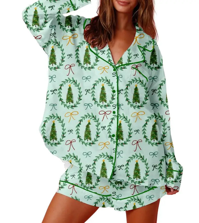 Women Christmas Pajamas Lounge Set Christmas Tree/Santa/Candy Cane Print Long Sleeve Tops and Shorts 2 Piece Loungewear Outfits