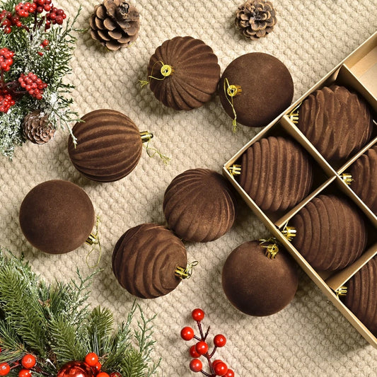 12Pcs 8Cm/3" Brown Christmas Balls Luxury Flocking Xmas Decorative Hanging Ornaments New Year Party Christmas Spheres Pendant Set