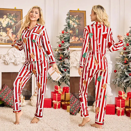 Christmas Lady'S Pajama with Turned-Up Collar, Christmas Hat, Long-Sleeved Pants, Outerwear Set for Women