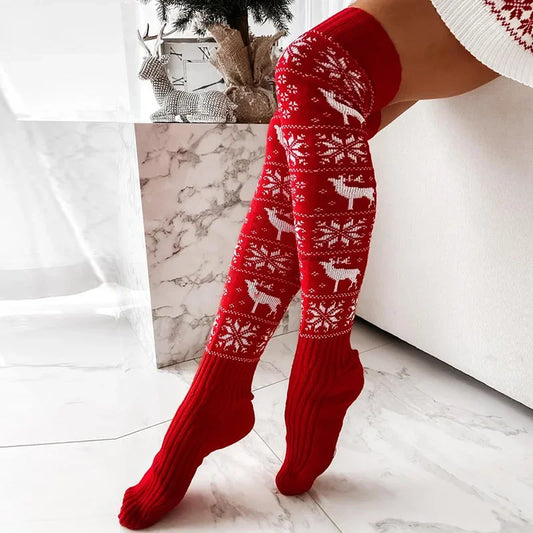 Winter Warm Knitted Women Stocking Beautiful Elk Snowflake Jacquard Over-The-Knee Casual Long Socks for Ladies Gifts Free Size