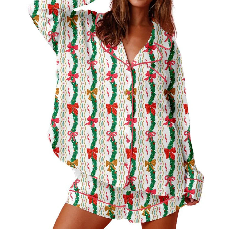 Women Christmas Pajamas Lounge Set Christmas Tree/Santa/Candy Cane Print Long Sleeve Tops and Shorts 2 Piece Loungewear Outfits