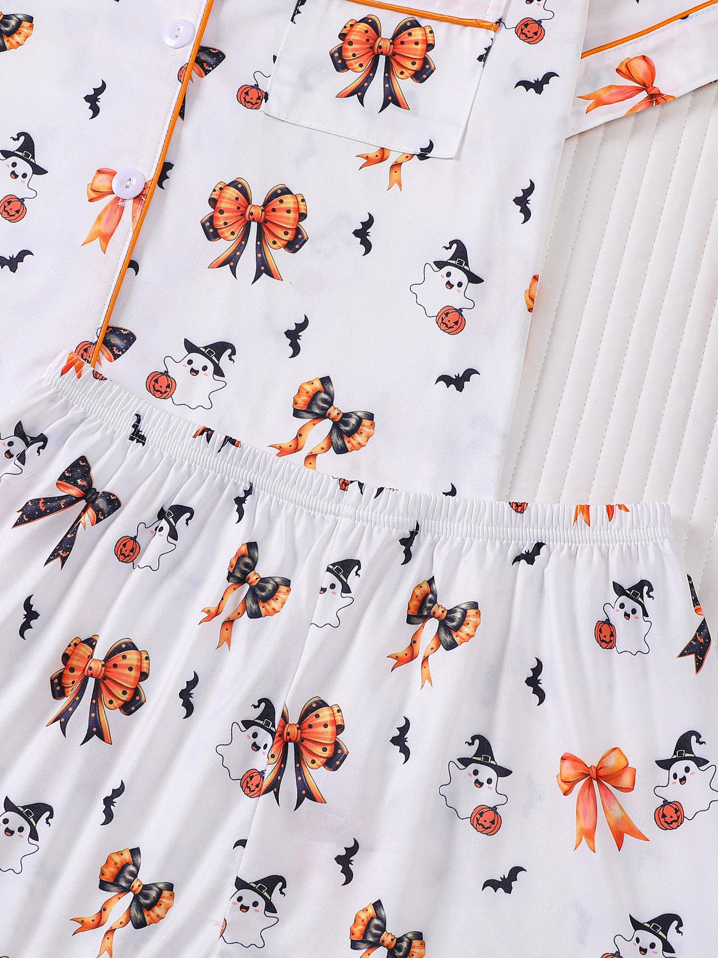 Women'S 2-Piece Cartoon Cute Little Ghost Bow Halloween Party Funny Print Women Can Wear Pajamas Party Set Short Sleeved Lapel