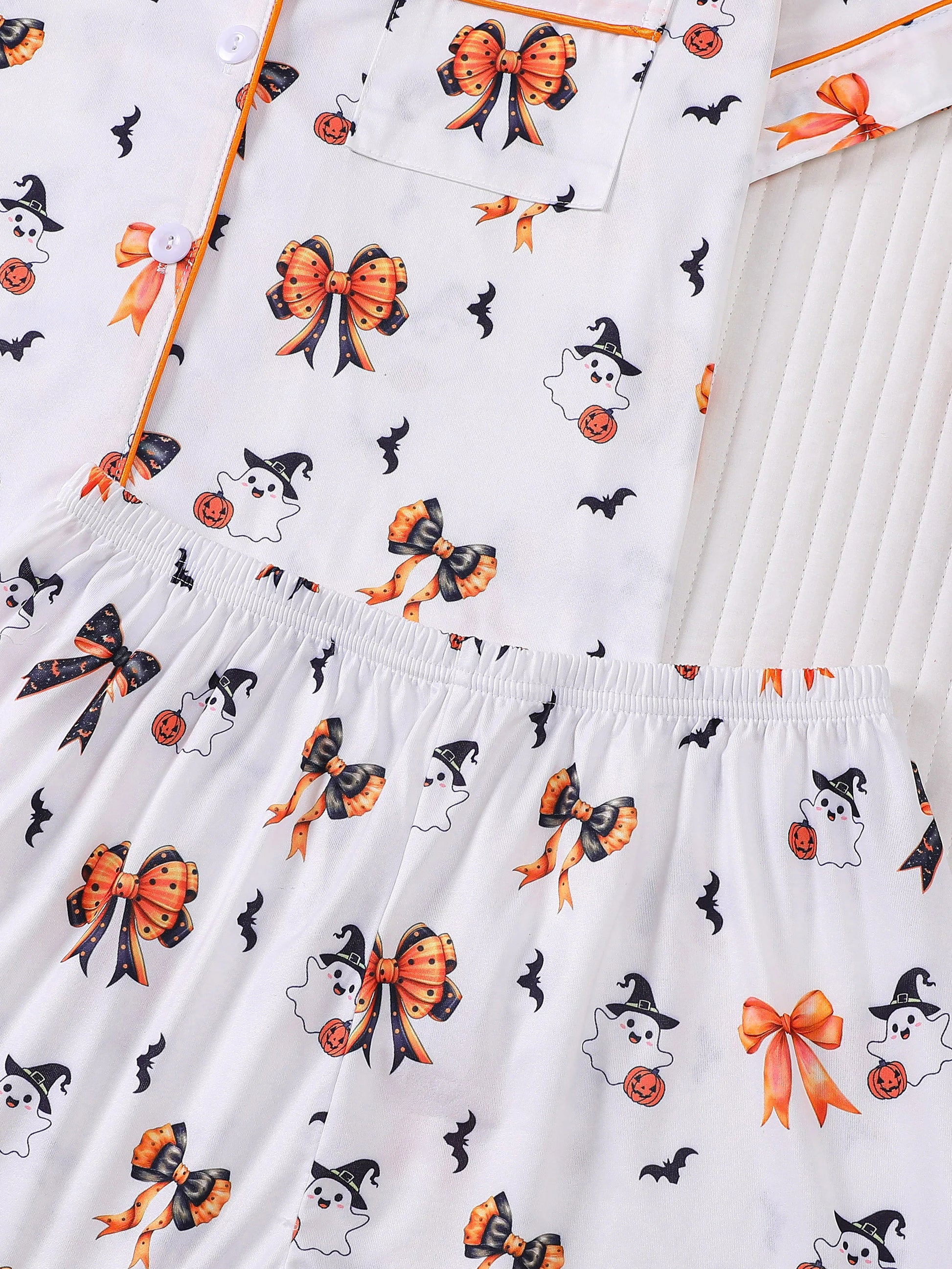 Women'S 2-Piece Cartoon Cute Little Ghost Bow Halloween Party Funny Print Women Can Wear Pajamas Party Set Short Sleeved Lapel