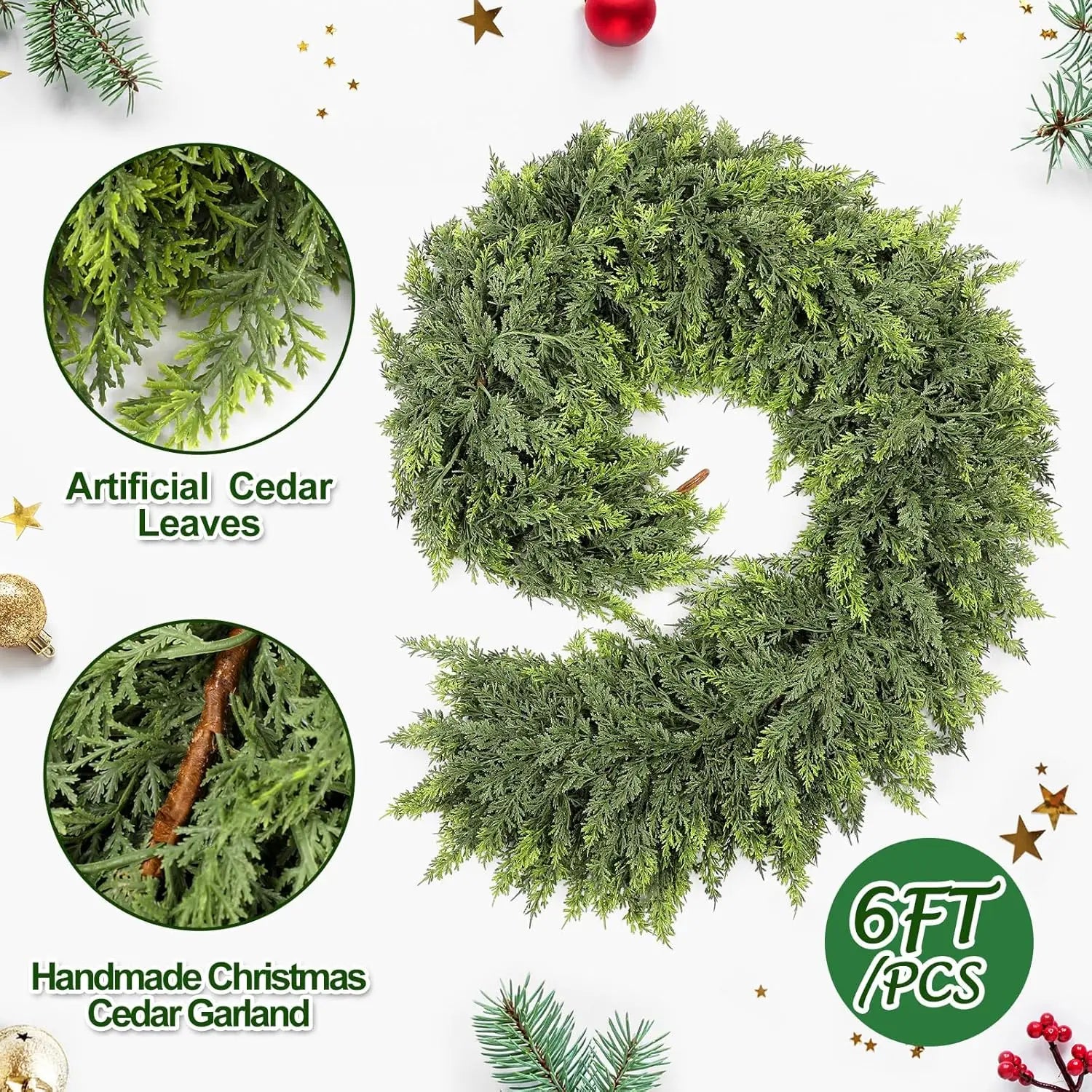 6/9Ft Christmas Cedar Garland Artificial Realistic Soft and Thickness Green Faux Pine Vine for Home Fireplace Holiday Decoration