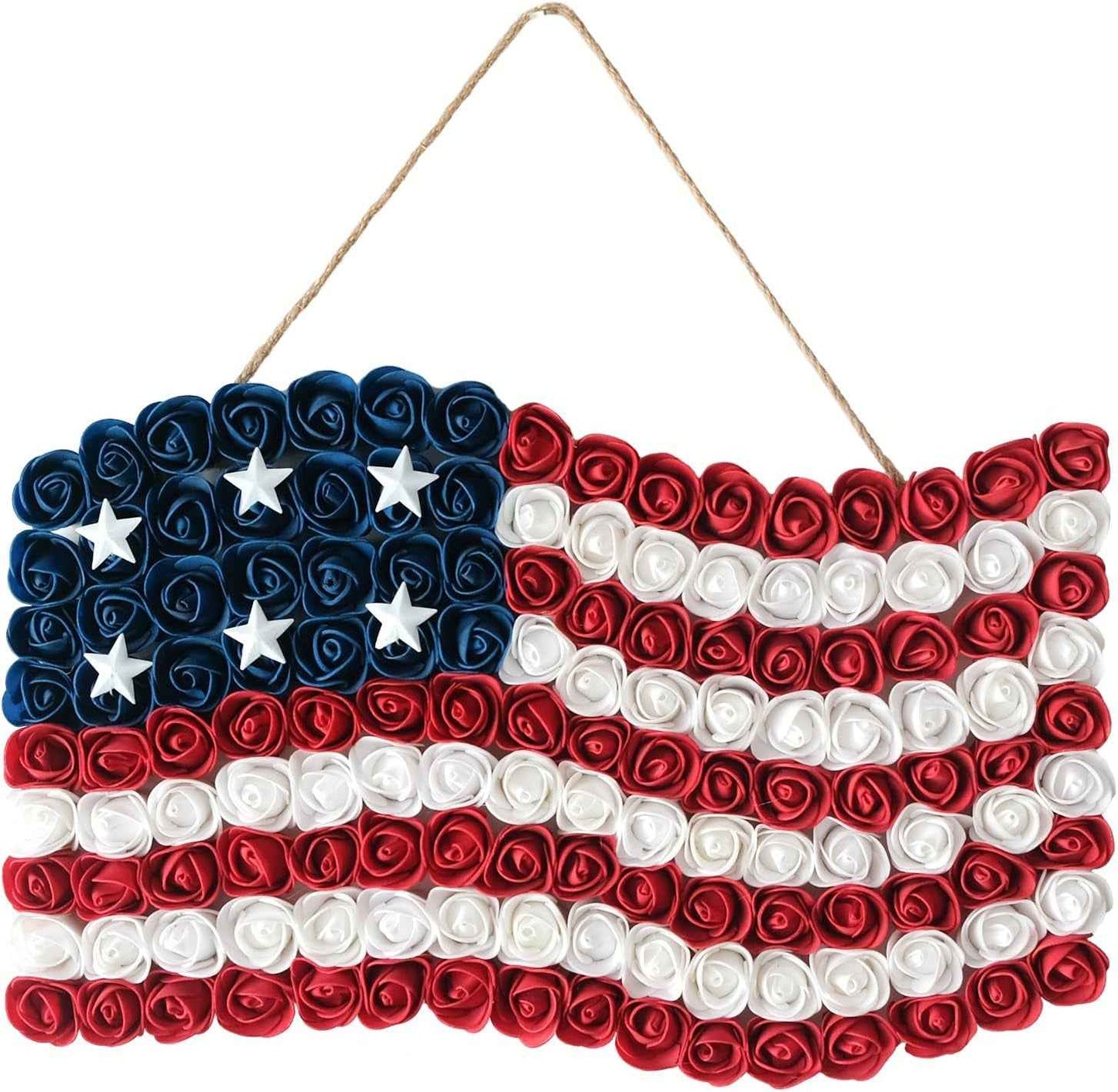 Idyllic 20 Inch Patriotic Wreath for Front Door, PE Roses with Metal Stars - Perfect for Home Decoration & Memorial Day, 4th of July Celebrations