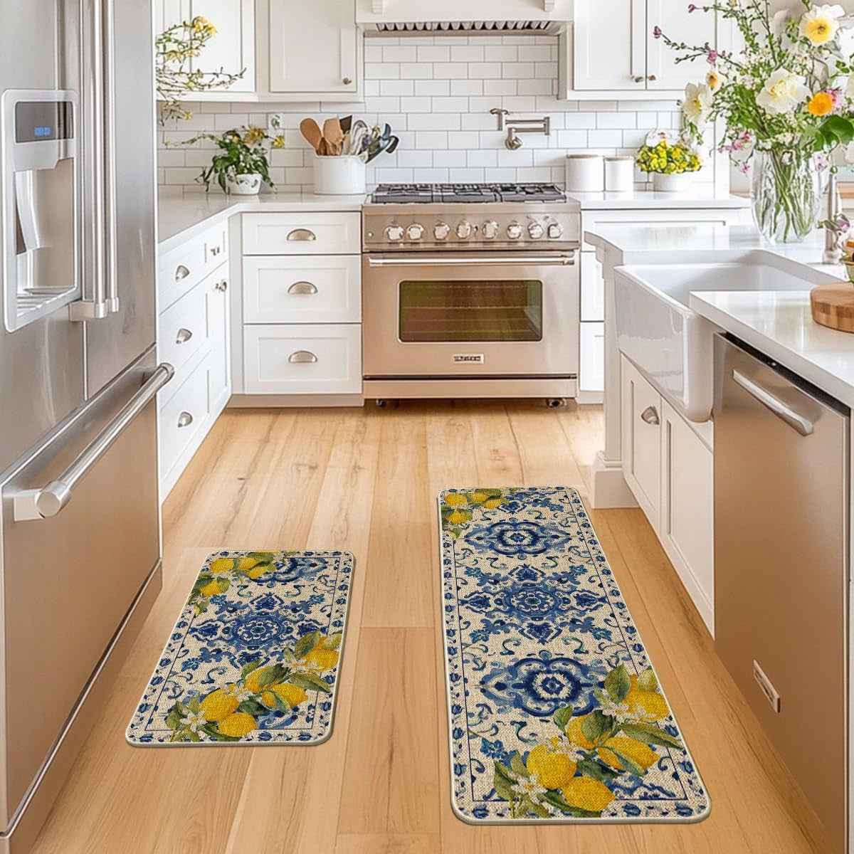 Blue Floral Lemons Spring Kitchen Mats Set of 2, Home Decor Low-Profile Kitchen Rugs for Floor - 17X29 and 17X47 Inch