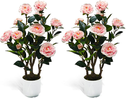 Artificial Camellia Tree, 3FT Yellow Fake Tree Blooming Camellia Flower Plant for Spring Home Front Door Outdoor Indoor Decoration