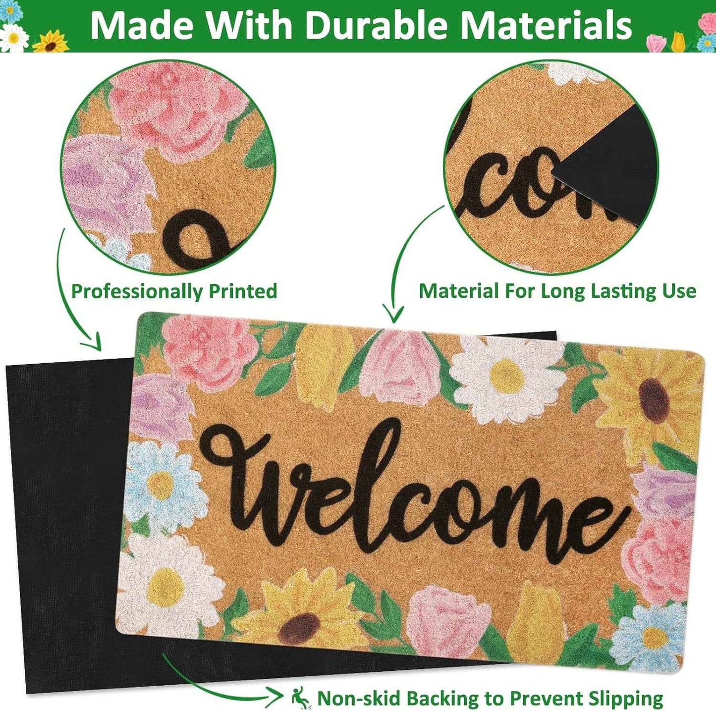 Floral Welcome Doormat Spring Indoor Outdoor Daisy Sunflower Tulip Rose Home Housewarming Front Porch Rugs Floor Mat Entrance Supplies 17 X 30 Inches