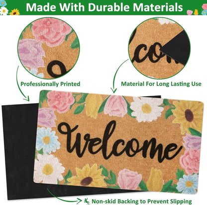 Floral Welcome Doormat Spring Indoor Outdoor Daisy Sunflower Tulip Rose Home Housewarming Front Porch Rugs Floor Mat Entrance Supplies 17 X 30 Inches