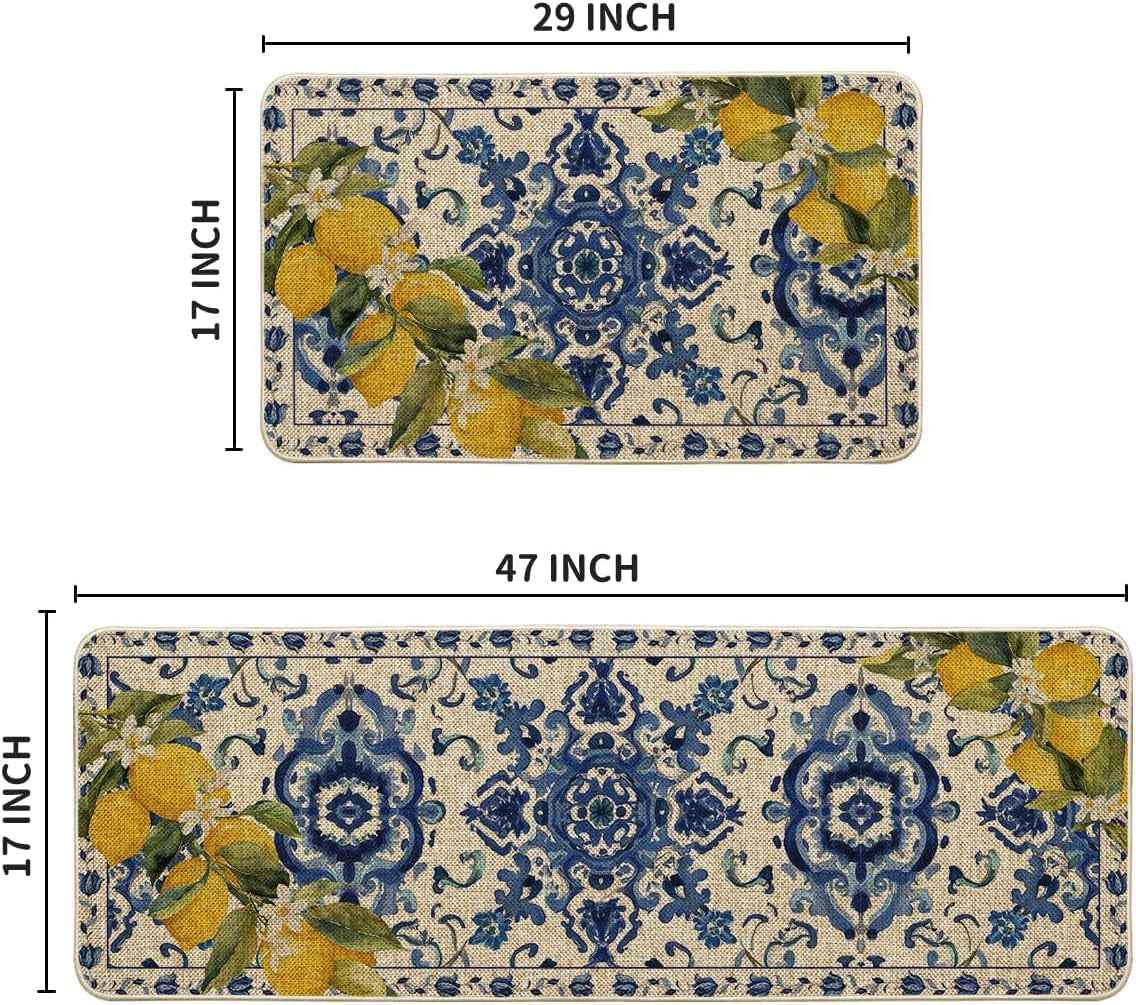 Blue Floral Lemons Spring Kitchen Mats Set of 2, Home Decor Low-Profile Kitchen Rugs for Floor - 17X29 and 17X47 Inch