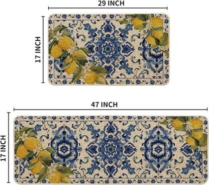 Blue Floral Lemons Spring Kitchen Mats Set of 2, Home Decor Low-Profile Kitchen Rugs for Floor - 17X29 and 17X47 Inch