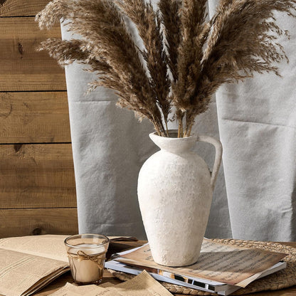 LUKA Rustic Farmhouse Terracotta Vase, 9.25 Inch with Handle, Neutral Tall Clay Vase for Living Room, Table, Shelf Decor (Off-White)