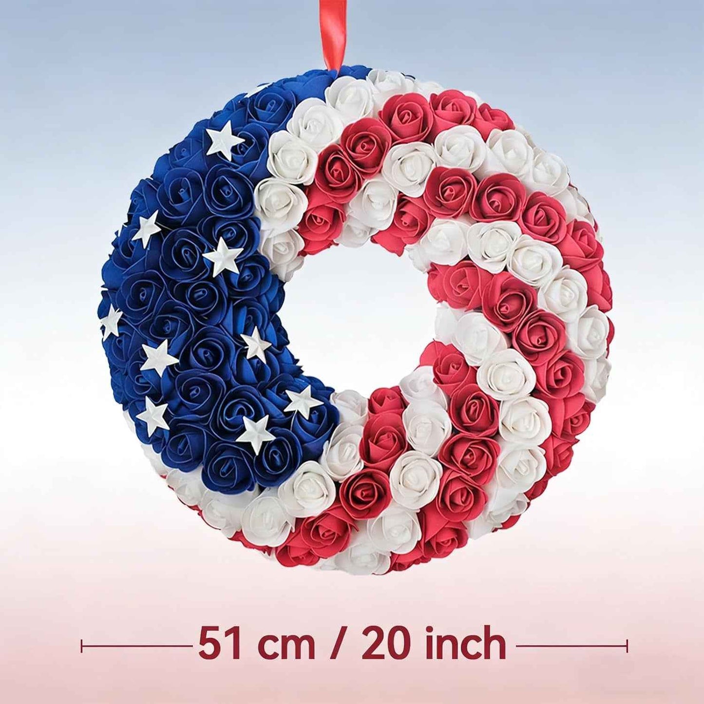 Idyllic 20 Inch Patriotic Wreath for Front Door, PE Roses with Metal Stars - Perfect for Home Decoration & Memorial Day, 4th of July Celebrations