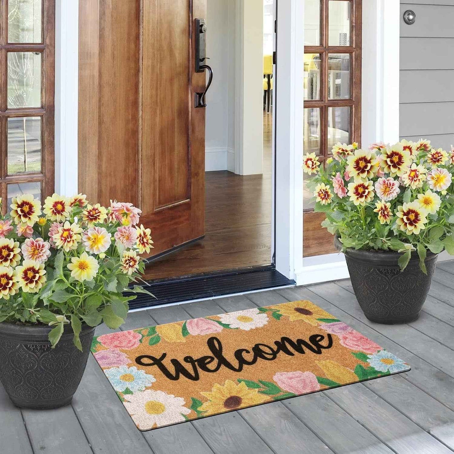 Floral Welcome Doormat Spring Indoor Outdoor Daisy Sunflower Tulip Rose Home Housewarming Front Porch Rugs Floor Mat Entrance Supplies 17 X 30 Inches