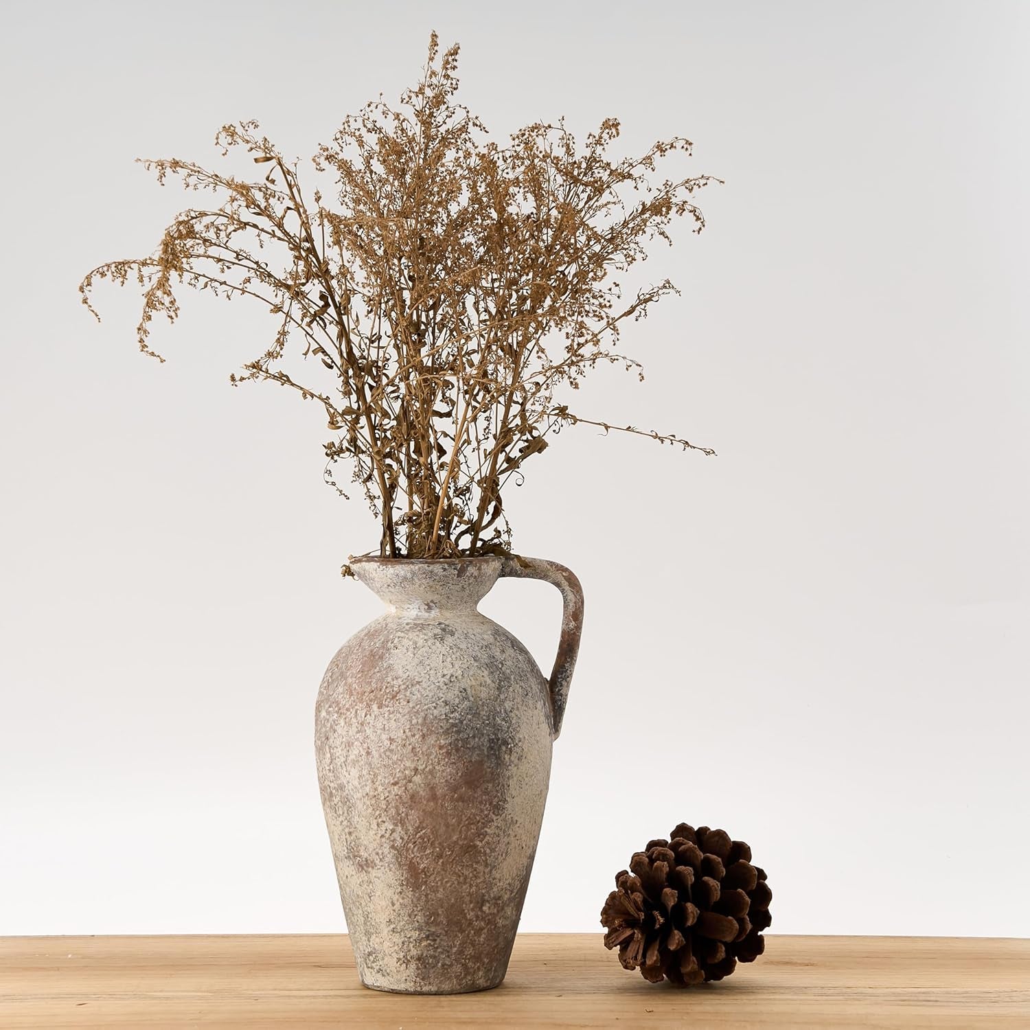 LUKA Rustic Farmhouse Terracotta Vase, 9.25 Inch with Handle, Neutral Tall Clay Vase for Living Room, Table, Shelf Decor (Off-White)