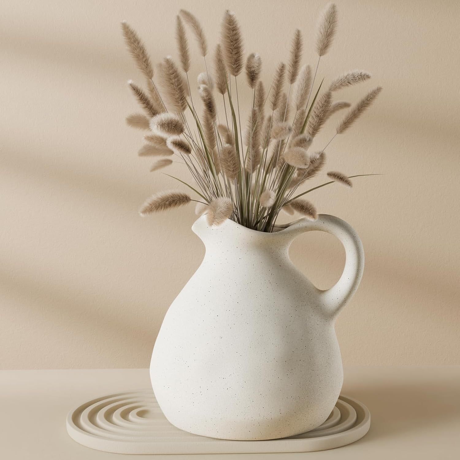 White Ceramic Pitcher Vase with Handle, Modern Farmhouse Jug Flower Vase for Home Decor, Centerpieces for Table, Living Room, Bedroom, Rustic Boho Decoration