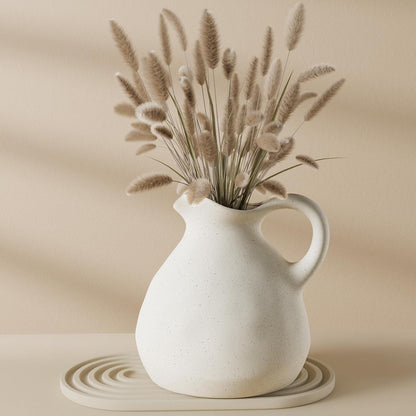 White Ceramic Pitcher Vase with Handle, Modern Farmhouse Jug Flower Vase for Home Decor, Centerpieces for Table, Living Room, Bedroom, Rustic Boho Decoration