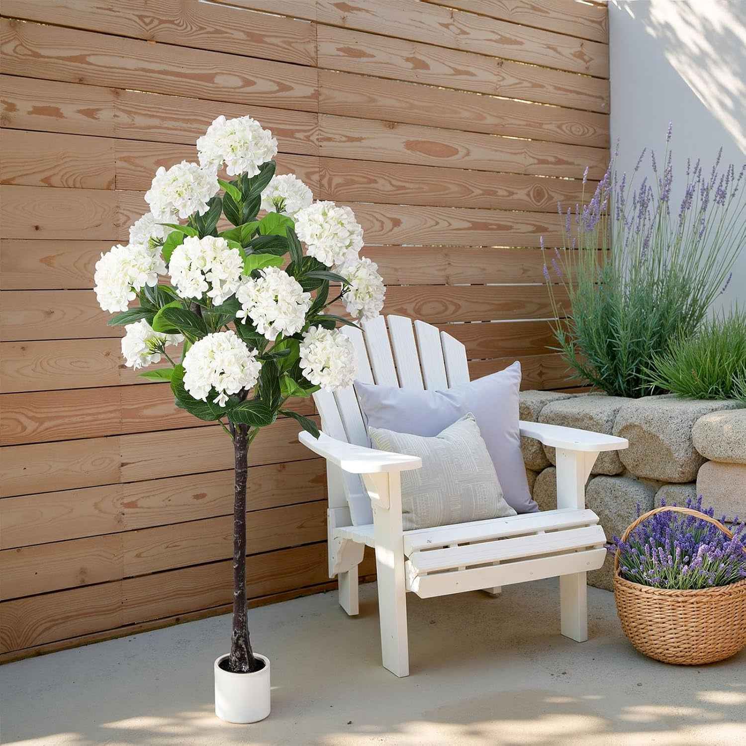 5 FT Artificial Hydrangea Tree- Large Faux Hydrangea Plants Indoor Outdoor，Fake Flower Trees with White Tall Planter for Home Garden,Front Decor