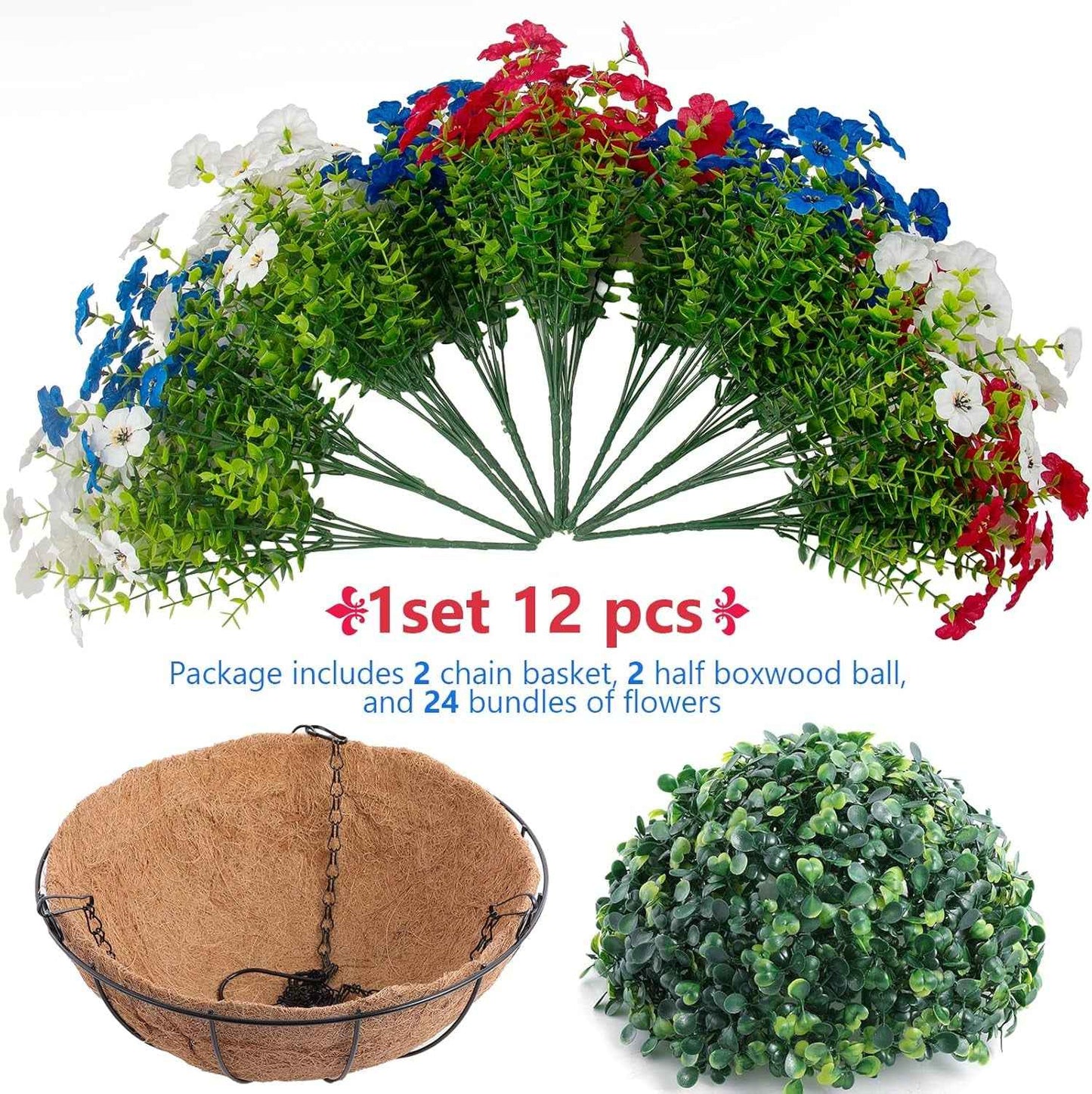 Hananona 2 Set Artificial Outdoor Flowers Hanging Basket with 24 Pcs Patriotic Flowers for Summer Front Porch Patio 4th of July Decor (2, Red, White, Blue)