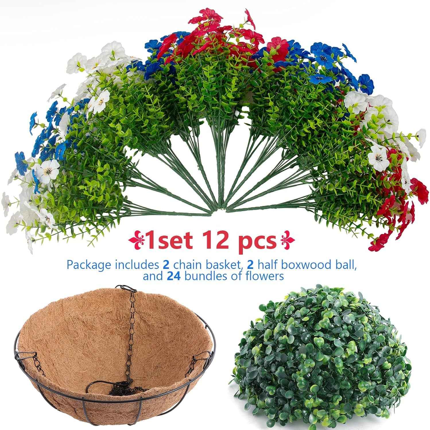 Hananona 2 Set Artificial Outdoor Flowers Hanging Basket with 24 Pcs Patriotic Flowers for Summer Front Porch Patio 4th of July Decor (2, Red, White, Blue)