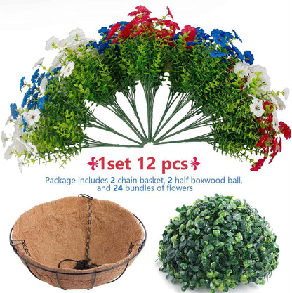 Hananona 2 Set Artificial Outdoor Flowers Hanging Basket with 24 Pcs Patriotic Flowers for Summer Front Porch Patio 4th of July Decor (2, Red, White, Blue)