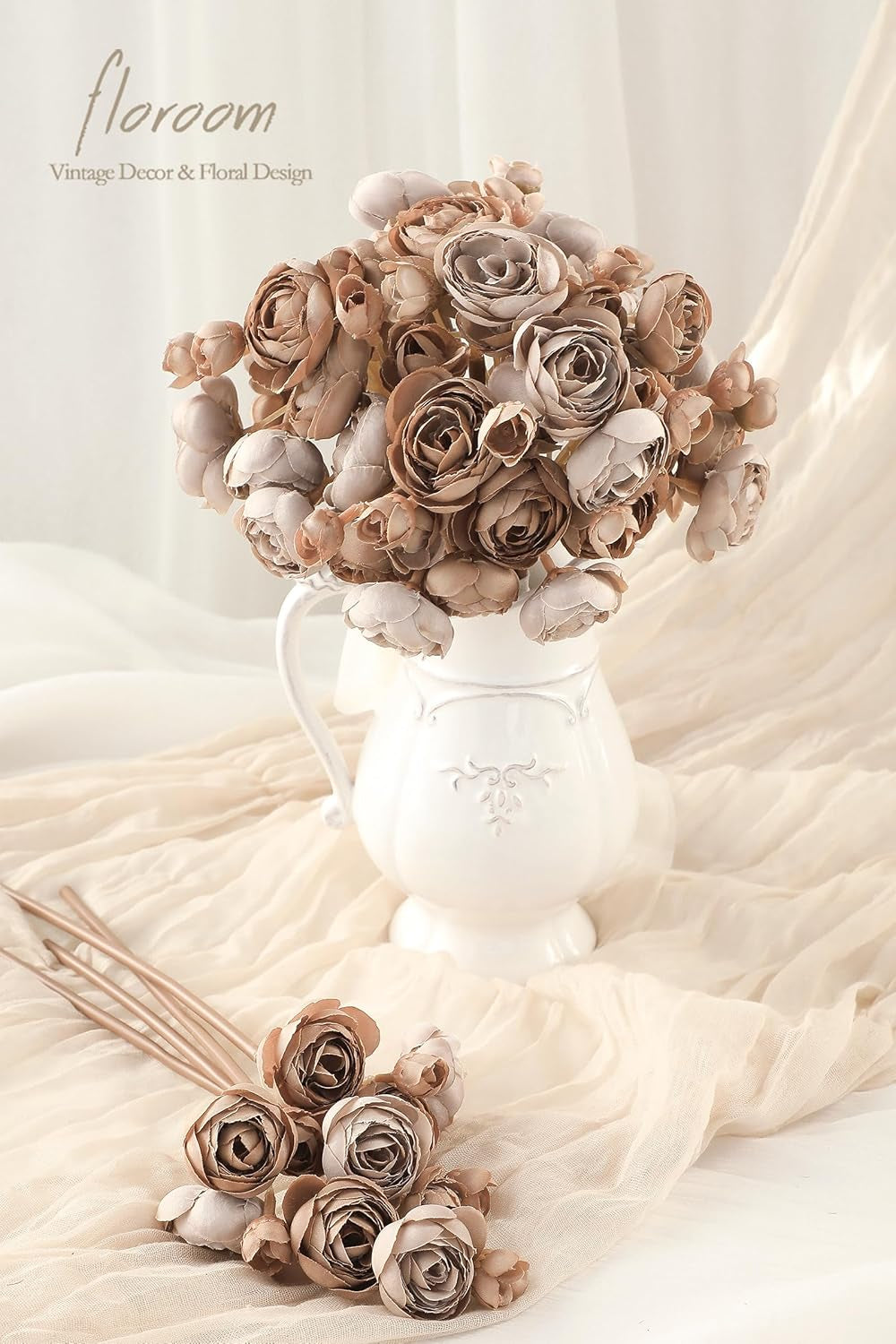 Floroom Ranunculus Artificial Flowers 18 Pcs Taupe Brown Faux Silk Mini Ranunculus Bulk Fake Wedding Filler Flowers for DIY Bouquets, Centerpieces, Bridal Shower Decorations & Arrangements