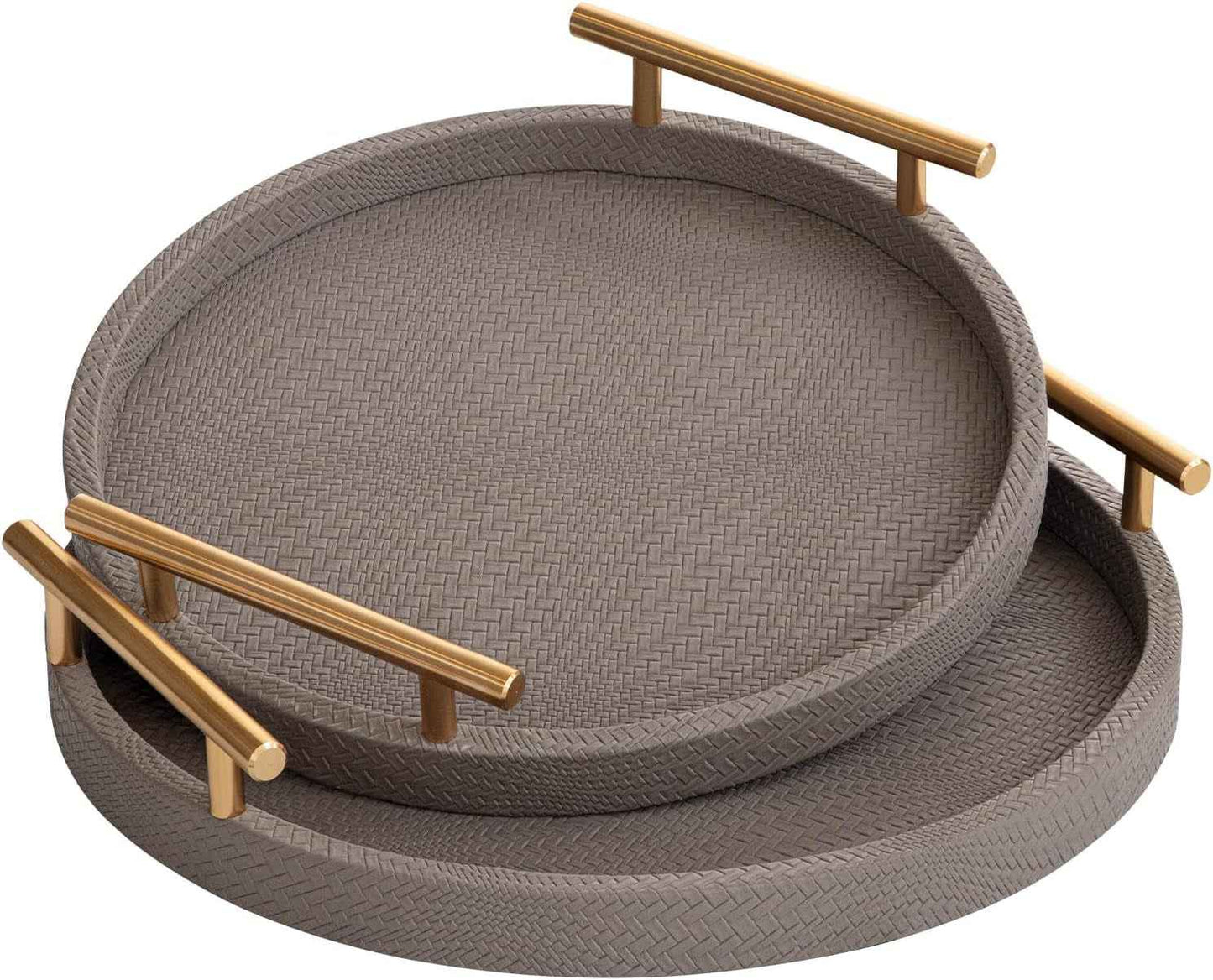 2 Piece Golden round Serving Tray with Handles, Woven-Texture Faux Leather Ottoman Tray for Living Room, Decorative Tray for Coffee Table Home Decor