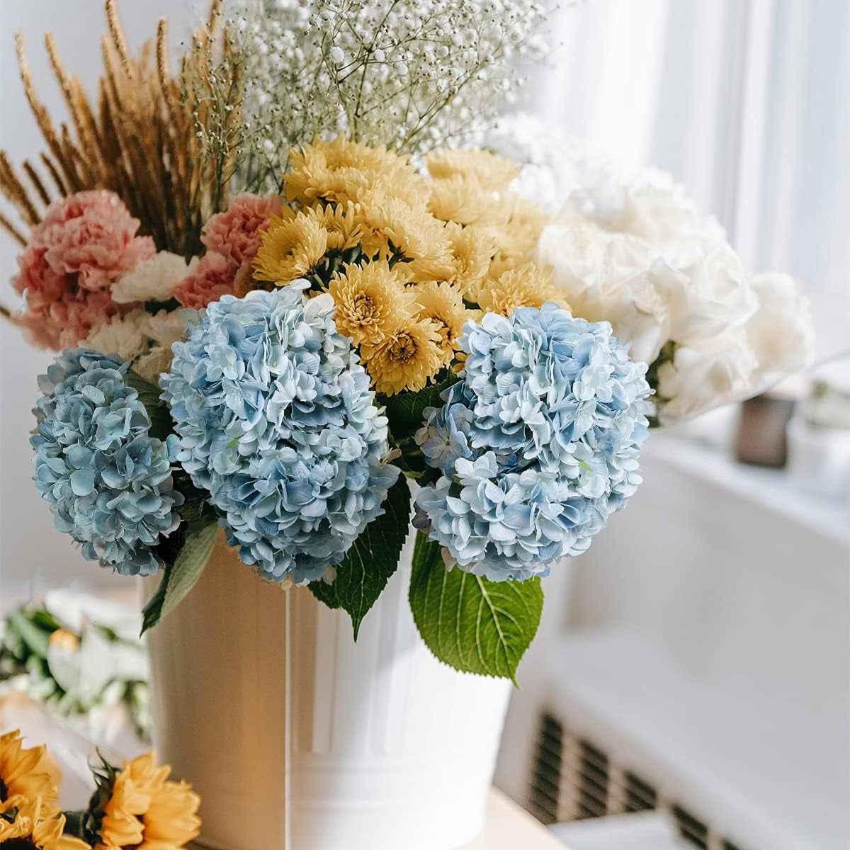 Blue Hydrangea Artificial Flowers 6Pcs Faux Hydrangea Flowers, Fake Flowers for Table Centerpiece, Blue Silk Hydrangea Flowers with Stems for Home Wedding Party Decor