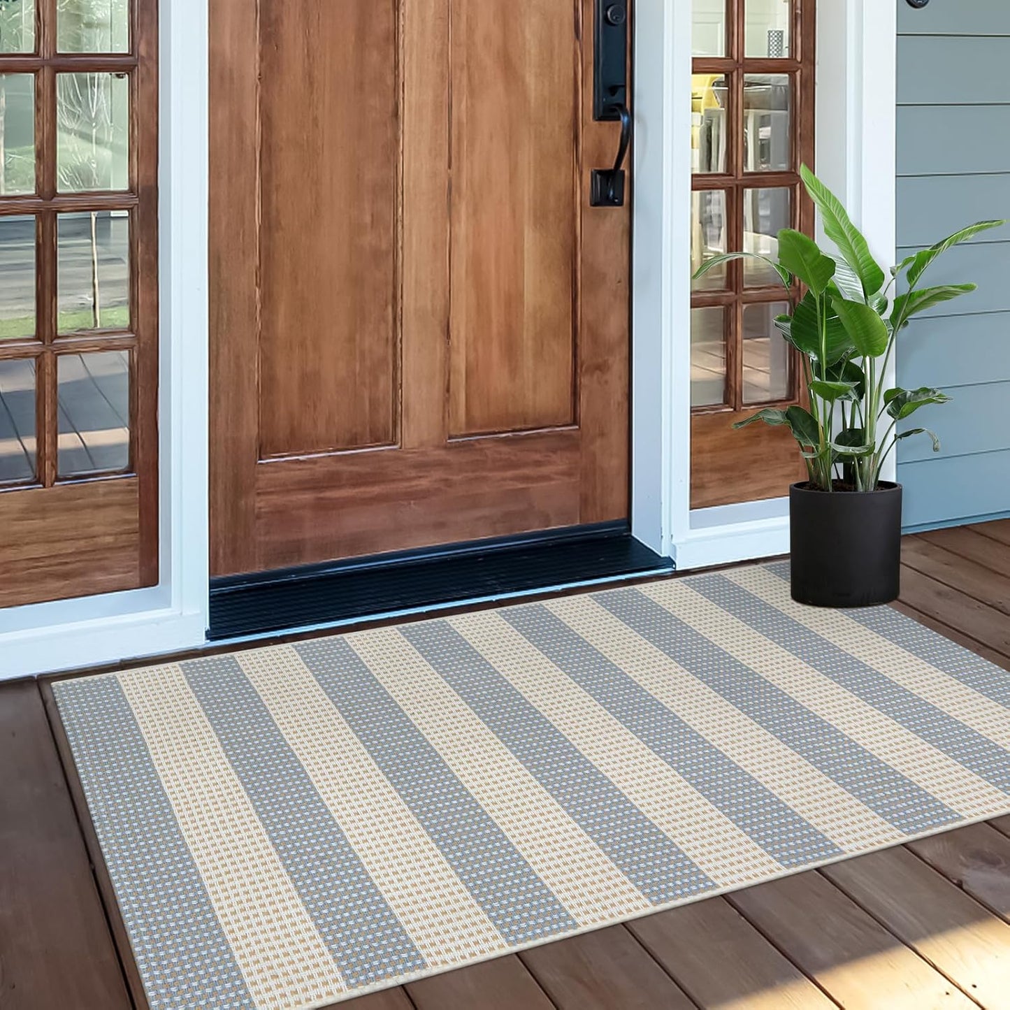 Washable Outdoor Rug 3'X5', Blue/White/Tan Outdoor Area Rug Entryway Rugs Indoor Door Mat Front Porch Rug Cotton Small Checkered Rug Floor Carpet for Entry/Patio/Bedroom/Living Room