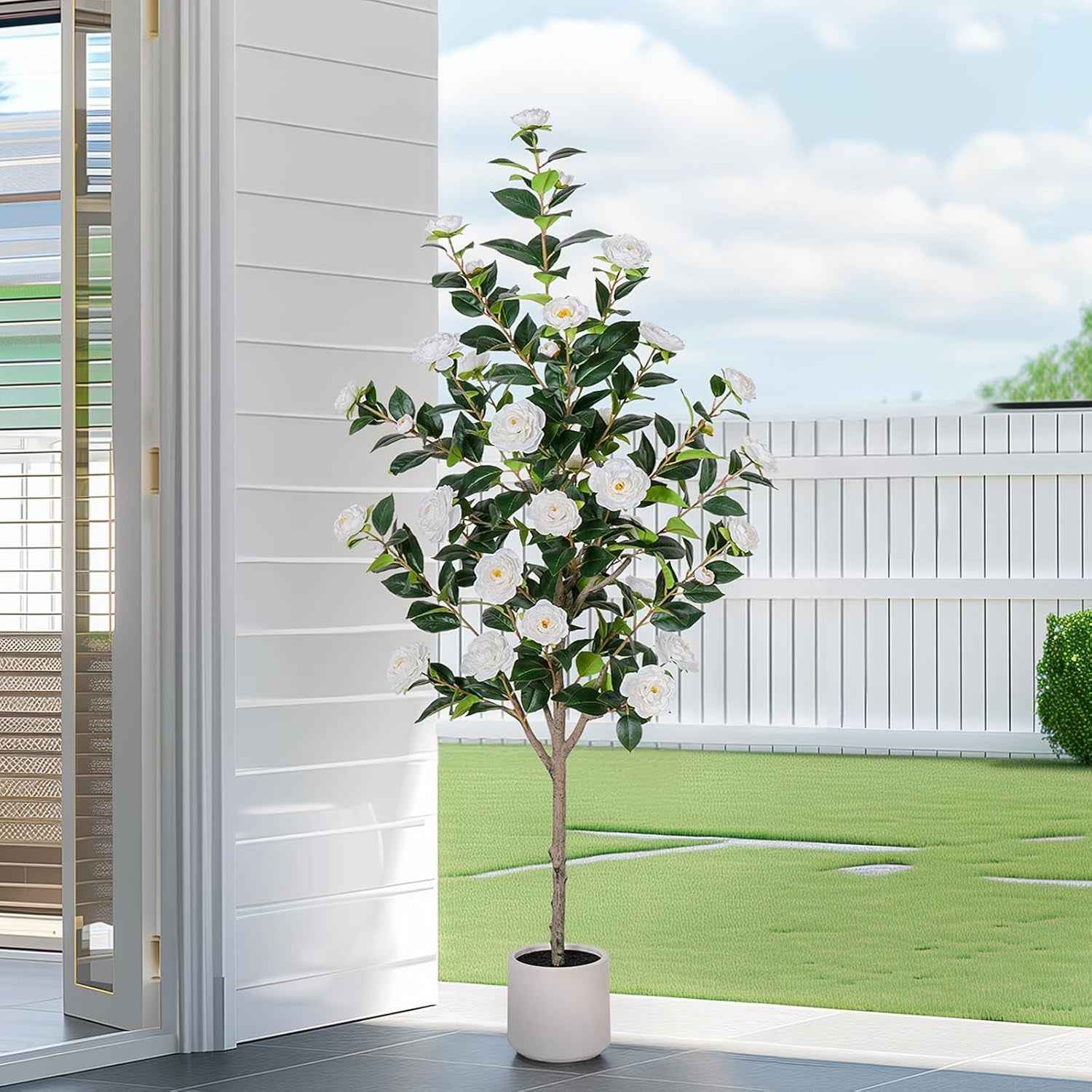 5 FT Artificial Hydrangea Tree- Large Faux Hydrangea Plants Indoor Outdoor，Fake Flower Trees with White Tall Planter for Home Garden,Front Decor