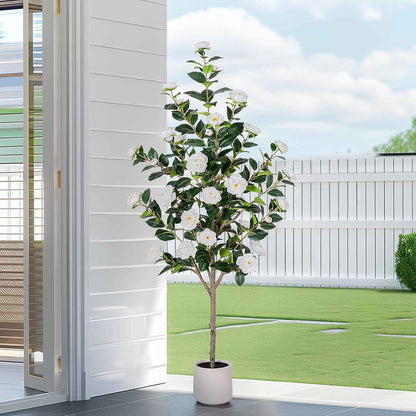5 FT Artificial Hydrangea Tree- Large Faux Hydrangea Plants Indoor Outdoor，Fake Flower Trees with White Tall Planter for Home Garden,Front Decor