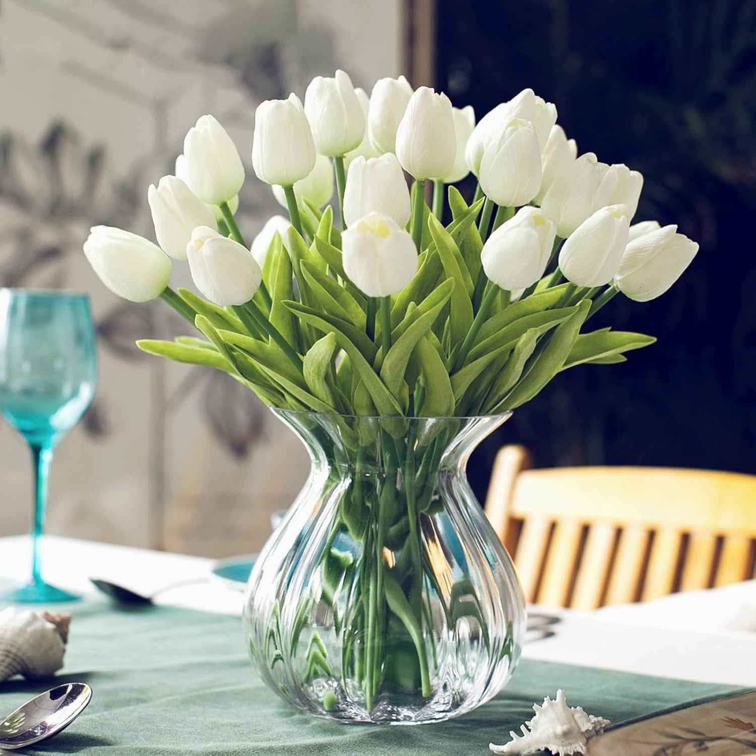 28Pcs White Flowers Artificial Tulip Stems Real Feel PU Tulips for Easter Spring Wreath Wedding Bouquet Centerpiece Floral Arrangement Cemetery Table Décor 13" Tall