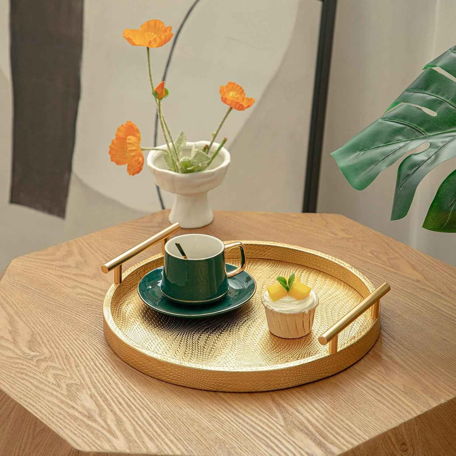 2 Piece Golden round Serving Tray with Handles, Woven-Texture Faux Leather Ottoman Tray for Living Room, Decorative Tray for Coffee Table Home Decor