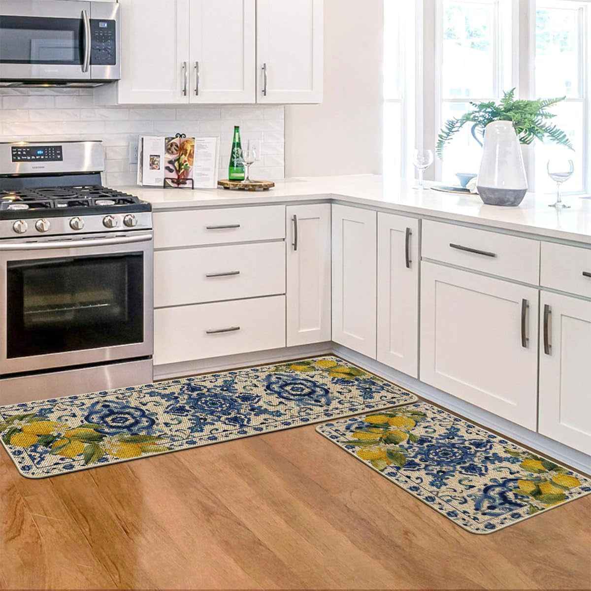 Blue Floral Lemons Spring Kitchen Mats Set of 2, Home Decor Low-Profile Kitchen Rugs for Floor - 17X29 and 17X47 Inch