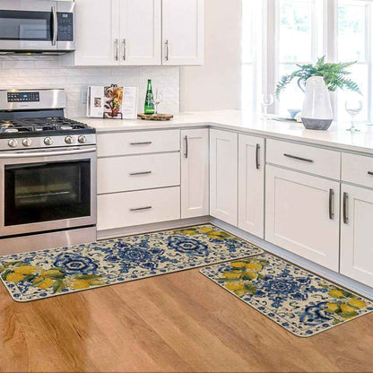 Blue Floral Lemons Spring Kitchen Mats Set of 2, Home Decor Low-Profile Kitchen Rugs for Floor - 17X29 and 17X47 Inch