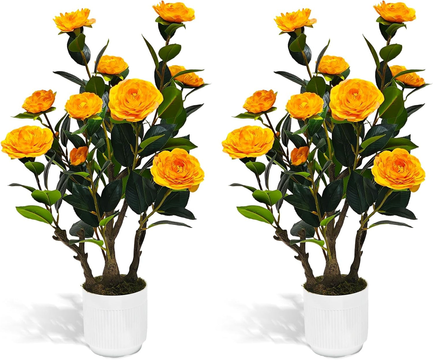 Artificial Camellia Tree, 3FT Yellow Fake Tree Blooming Camellia Flower Plant for Spring Home Front Door Outdoor Indoor Decoration