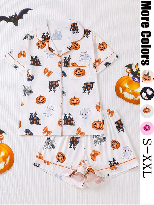 Women'S Ghost Print Shirt & Elastic Waist Shorts Pyjama, Casual Comfy Short Sleeve Top & Shorts Pj Set, Ladies Sleepwear for All Seasons, Loungewear