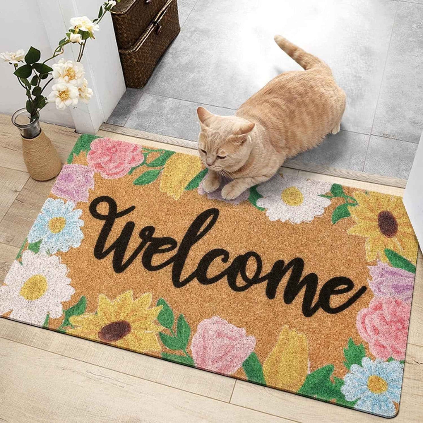 Floral Welcome Doormat Spring Indoor Outdoor Daisy Sunflower Tulip Rose Home Housewarming Front Porch Rugs Floor Mat Entrance Supplies 17 X 30 Inches