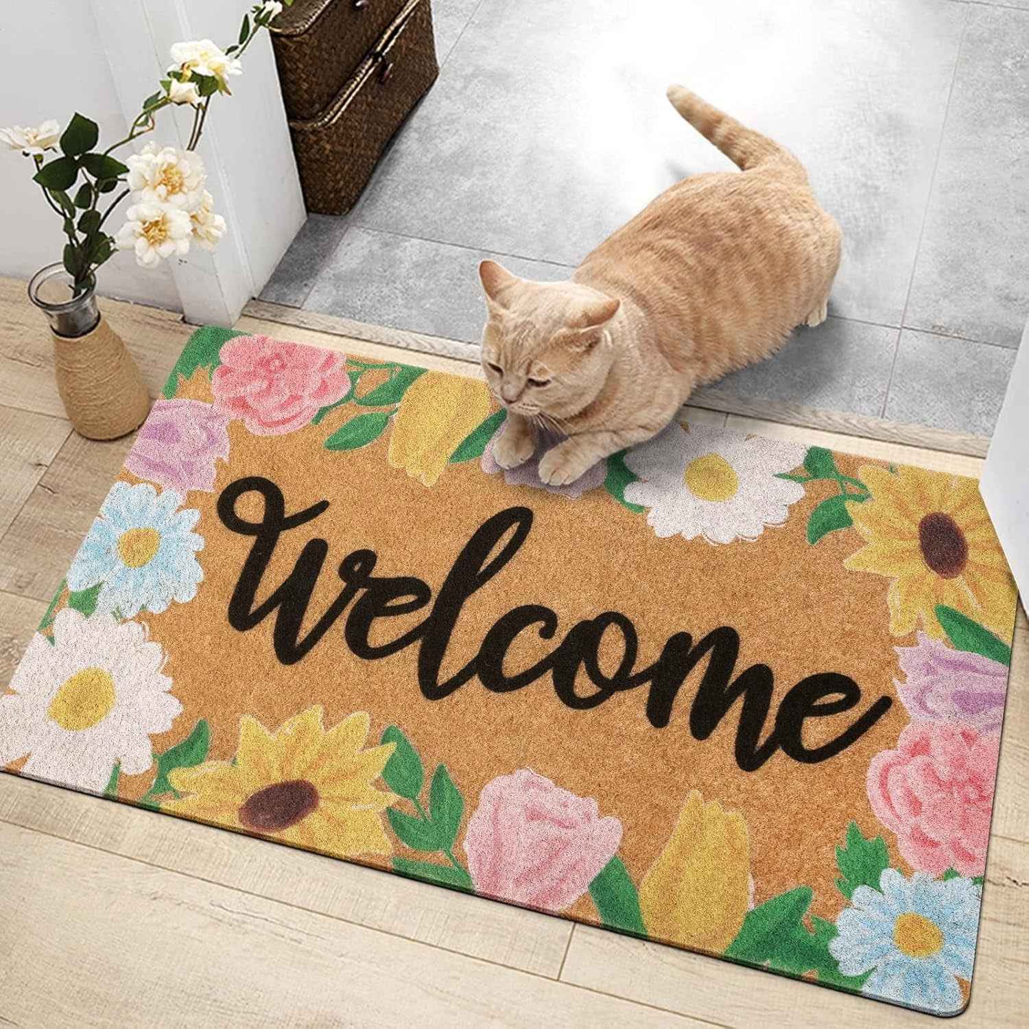 Floral Welcome Doormat Spring Indoor Outdoor Daisy Sunflower Tulip Rose Home Housewarming Front Porch Rugs Floor Mat Entrance Supplies 17 X 30 Inches