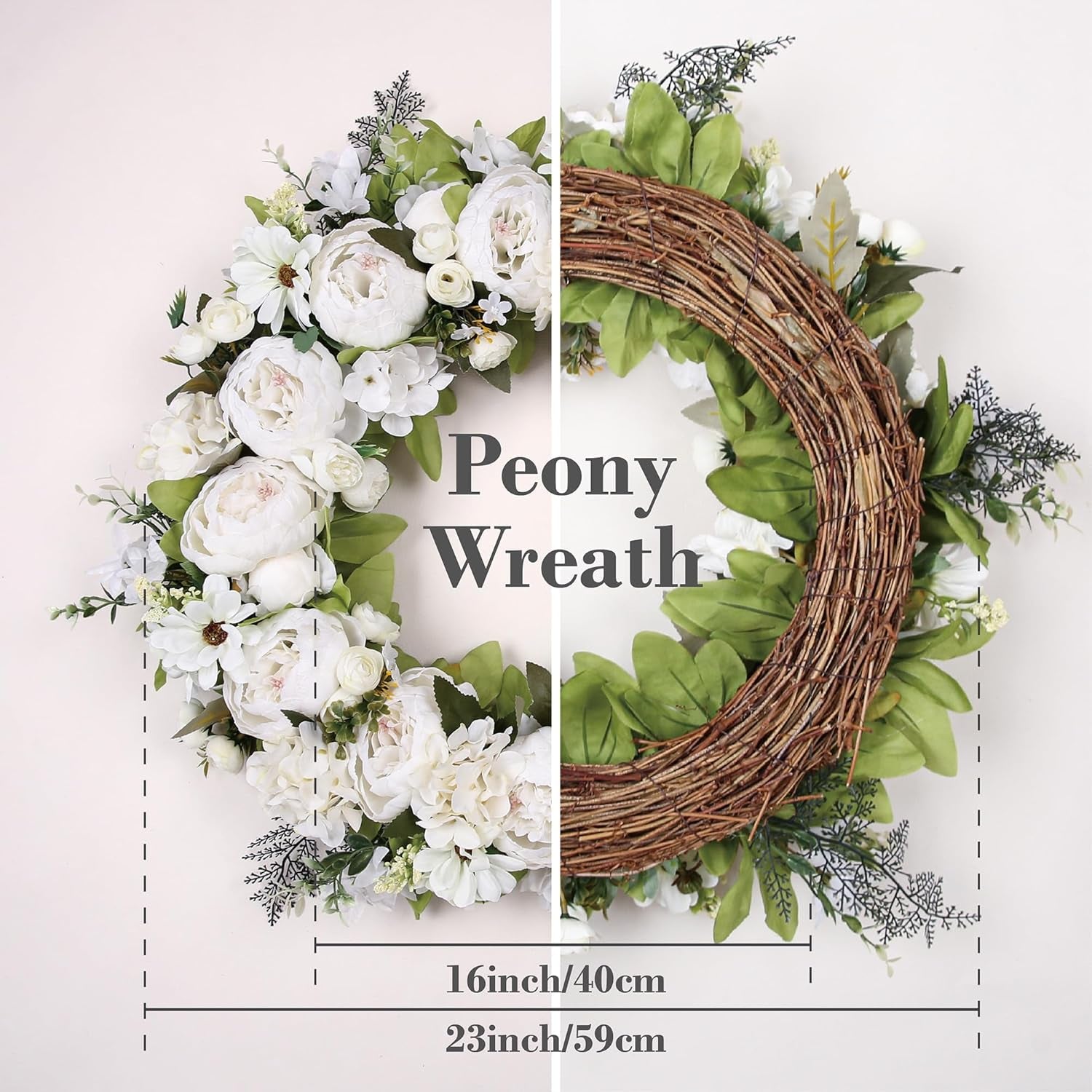 Peony Wreath 23'' Spring Wreaths for Front Door, Artificial Large Floral Wreath for Front Door Wall Decor, Valentine’S Day Home Wedding Housewarming Gift Ezsenses (White)
