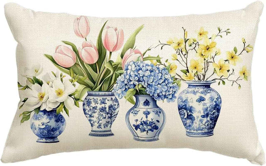 AVOIN Colorlife Blue and White Porcelain Vase Chinoiserie Throw Pillow Cover, 12 X 20 Inch Spring Flowers Tulip Hydrangea Cushion Case for Sofa Couch